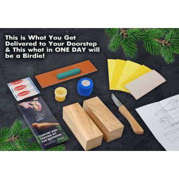 BeaverCraft Comfort Bird Wood Carving Kit - Whittling Starter Kit, Inc Knife, Basswood, Pattern, Strop, Compound, Tape