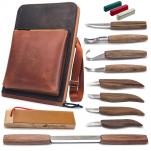 Beavercraft S50X Deluxe Wood Carving Set with Walnut Handles 9 Tools Leather Shoulder Bag Strop and Compound