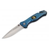 Boker Magnum Law Enforcement - 3.34" Blade, Glass Breaker, Belt Cutter, Carry Clip and Blue Aluminum Handle