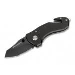 Boker Magnum Black Rescue Knife - 2" Part Serrated Blade, Cutting Hook, Glass Breaker with Aluminum Handle - 01MB456