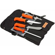 EKA Butcher Set - Skinning, Boning, Gut Hook & Sharpening Steel, Orange Santoprene Handles