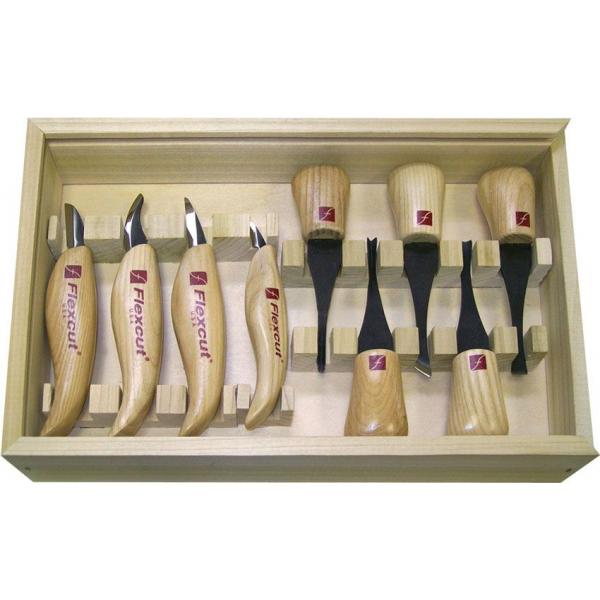 Flexcut KN700 - 9-Piece Deluxe Palm and Knife Set, 9 Different Style Blades, Ash Wood Handles, Storage Box