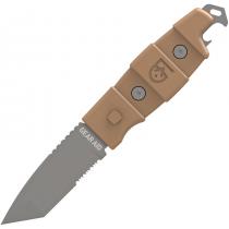 Gear Aid Kotu Fixed Blade Knife - 3" Grey Titanium Partially Serrated Blade, Glass Breaker, Bottle Opener, Coyote Handle, Belt Sheath