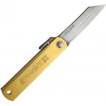 Higonokami UK EDC Folder Knife - Brass Handle, Blue Paper Steel Blade with Leather Sheath and KeyRing