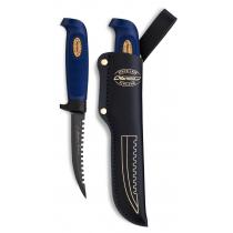 Marttiini Martef Fishing Knife - 4.5" Martef Coated Blade with Serrated Back Edge, Blue Rubber Handle, Leather Sheath