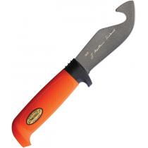 Marttiini Skinning Knife with Martef Coating and Gut Hook - 4.25" Blade, Orange Rubber Handle, Black Leather Sheath