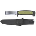 Morakniv Fixed Blade Chisel Knife - 2.95" Carbon Steel Polished Chisel, Yellow and Black Rubberized TPE Handle, Plastic Sheath