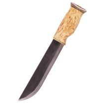 Wood Jewel Traditional Leuku Knife - 8.2" Carbon Steel Blade - Curly Birch and Reindeer Horn Handle, Leather Sheath