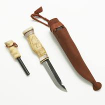 Wood Jewel Survival Knife with Firesteel - 4.13" Carbon Steel Blade - Reindeer and Curly Birch Handle