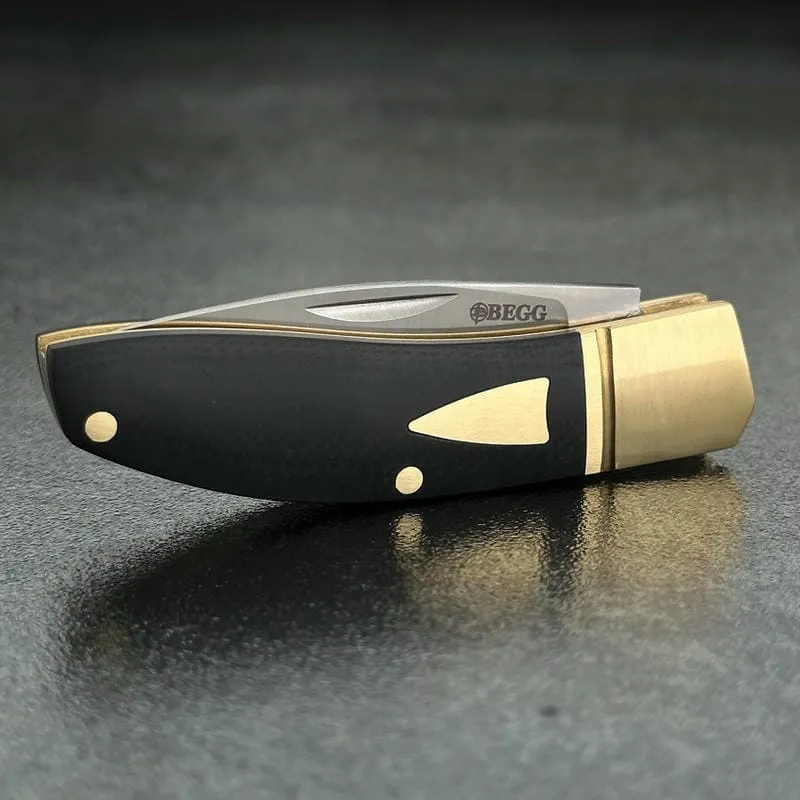 Begg Knives UK EDC Traditional Small Drop Point Folding Pocket Knife - 2.375" Blade Black G10 Handle Brass Bolsters Cyclaire Knives and Tools
