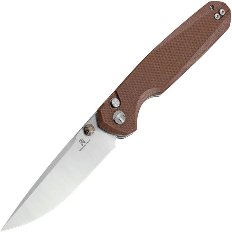 Bestechman Velix Button Lock Folding Knife - 3.32" 14C28N Drop Point Blade Brown G10 Handle Cyclaire Knives and Tools