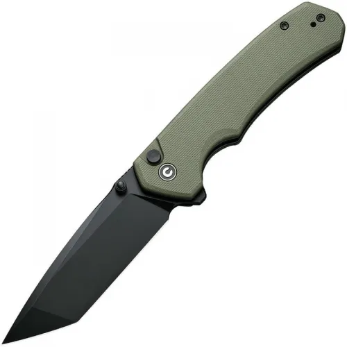 CIVIVI Brazen Button Lock Folding Knife - 3.46" 14C28N Black Stonewashed Tanto Blade Green OD G10 Handle