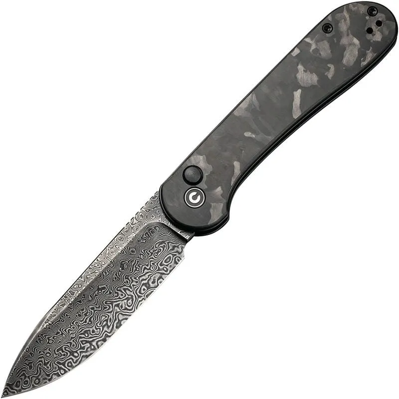 CIVIVI Elementum Button Lock Folding Knife - 3.47" Damascus Black Hand Rubbed Blade Marble Carbon Fiber Handle Cyclaire Knives and Tools