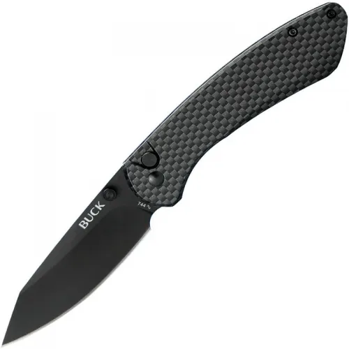 Buck 744 Sovereign Button Lock Folding Knife - 3.22" Black TiNi CP Blade Carbon Fiber Handle
