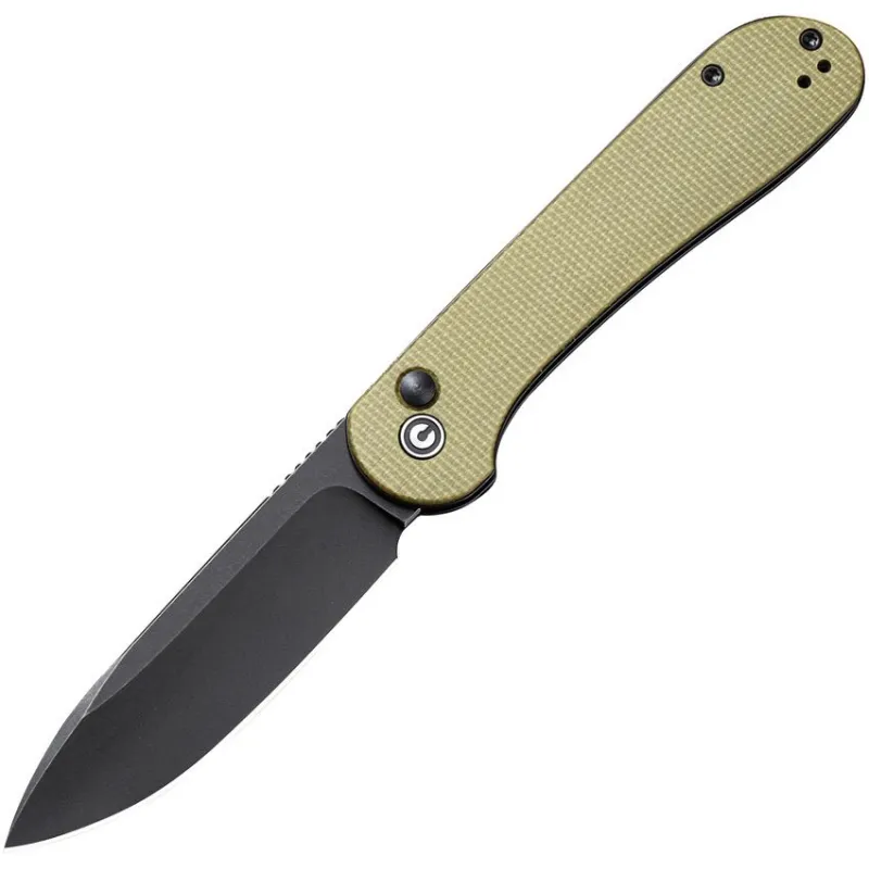 CIVIVI Elementum Button Lock Folding Knife - 3.47" Sandvik 14C28N Black Stonewashed Blade Olive Micarta Handle Cyclaire Knives and Tools