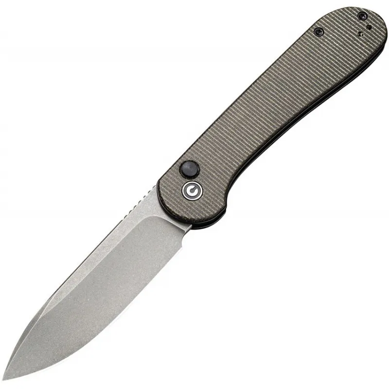 CIVIVI Elementum Button Lock Folding Knife - 3.47" Sandvik 14C28N Black Stonewashed Blade Dark Green Micarta Handle Cyclaire Knives and Tools
