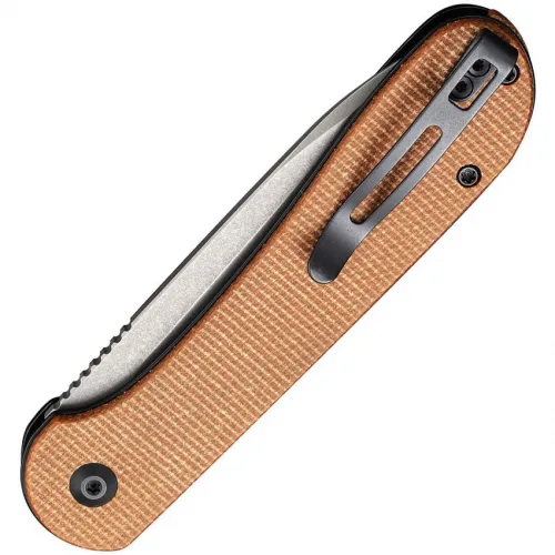CIVIVI Elementum Button Lock Folding Knife - 3.47" Sandvik 14C28N Black Stonewashed Blade Dark Brown Micarta Handle