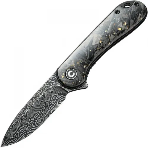 CIVIVI Knives Elementum Knife - 2.96" Damascus Blade Contoured Gold Shred CF Handle
