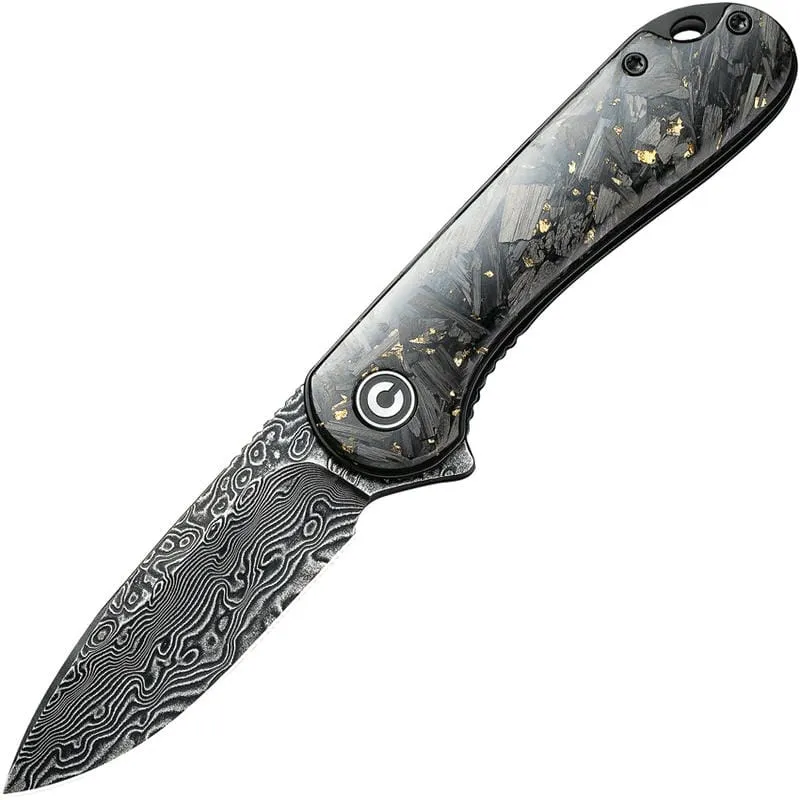 CIVIVI Knives Elementum Knife - 2.96" Damascus Blade Contoured Gold Shred CF Handle Cyclaire Knives and Tools