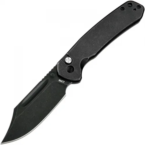 CJRB Pyrite Button Lock Folding Knife - 3.05" AR-RPM9 Black Stonewashed Bowie Blade Black Handle