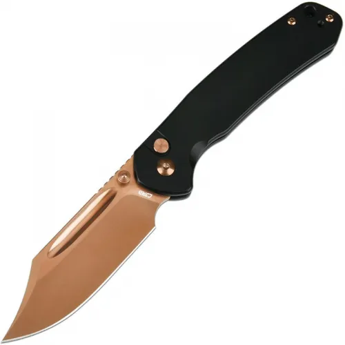 CJRB Pyrite Button Lock Folding Knife - 3.05" AR-RPM9 Rose Gold Bowie Blade Black Handle