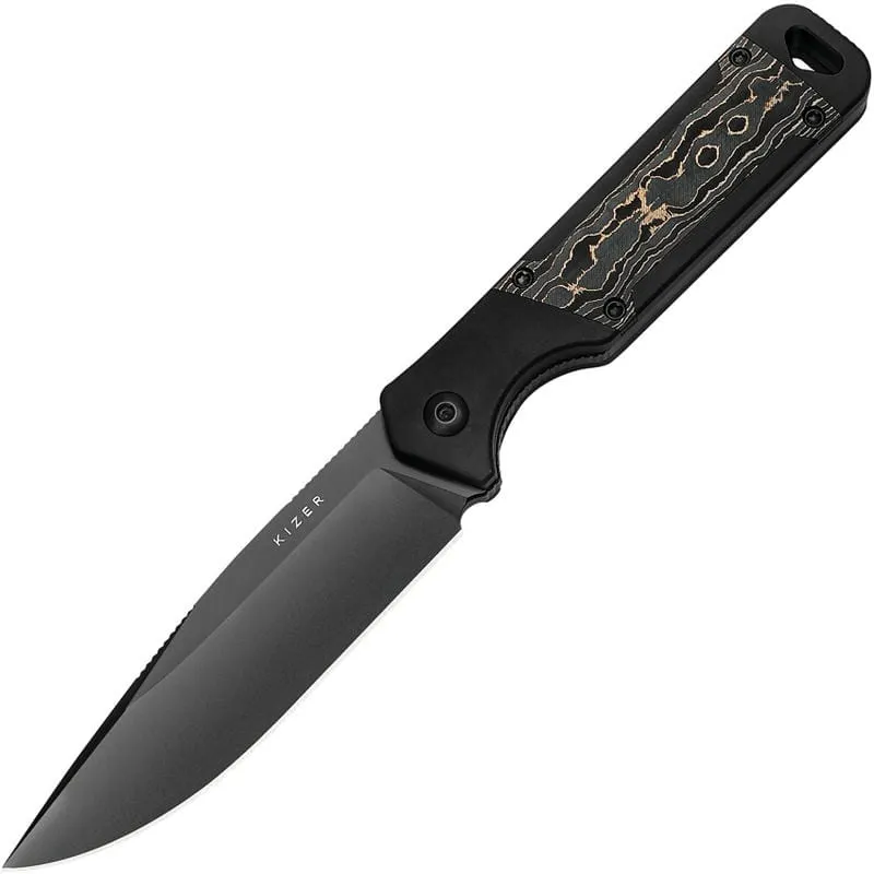 Kizer Militaw Fixed Blade Knife - 3.83" CPM-S35VN Black Blade Gold Fat Carbon Cyclaire Knives and Tools