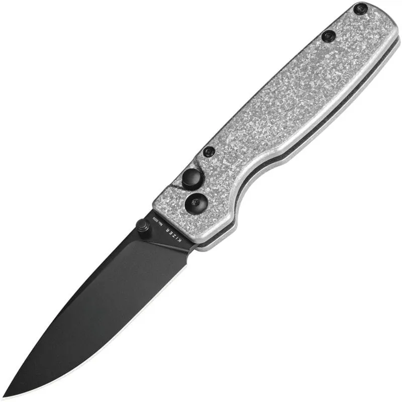 Kizer Original (XL) Button Lock Folding Knife - 3.25" CPM-S35VN Black DP Blade Snowflake Titanium Handle Cyclaire Knives and Tools