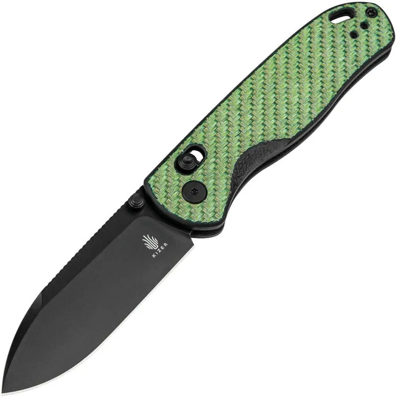 Kizer Drop Bear Folding Knife - 2.97" Nitro-V Black Blade Green Carbon Fiber Handle Cyclaire Knives and Tools