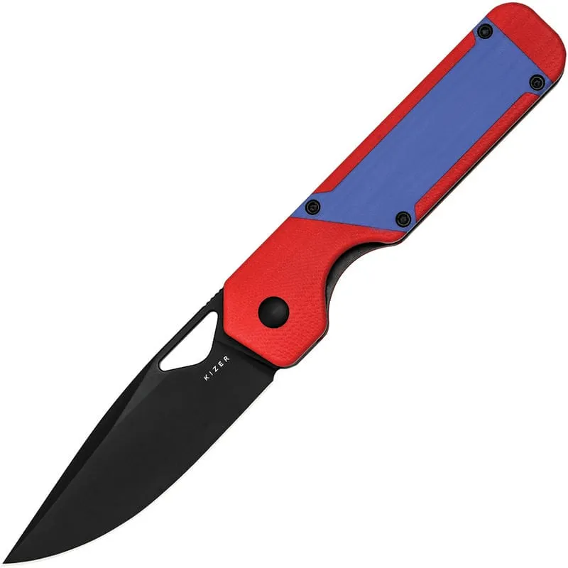 Kizer Vanguard Militaw Folding Knife - 3.36" Nitro-V Black Blade Contoured Red G10 Handle Blue Inlays Cyclaire Knives and Tools