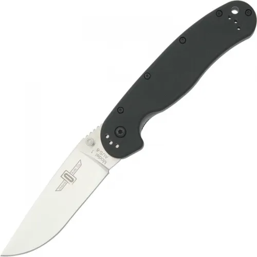 Ontario RAT Model 1 Folding Knife - 3.6" AUS-8 Satin Plain Blade, Black Nylon Handles