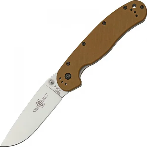 Ontario RAT Model 1 Coyote Brown Folding Knife 3.6" Satin Plain Blade, Brown Nylon Handles