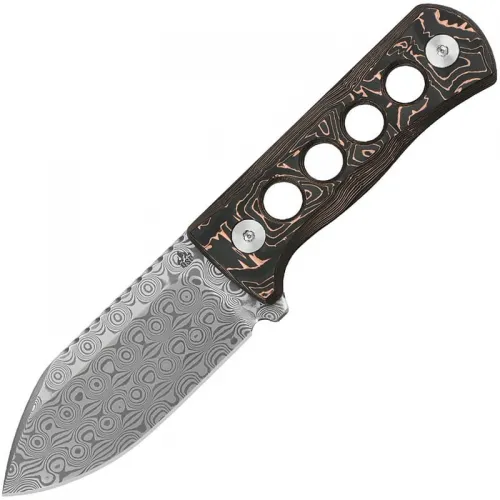 QSP Canary Neck Knife - 2.5" Damascus DP Blade, Copper Foil Carbon Fiber Handle, Kydex Neck Sheath