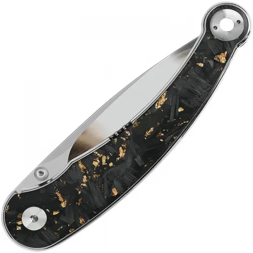 QSP Dolphin Folding Knife - 3.15" Mirror Polished Blade Stainless Steel Handle with Gold Flake Carbon Fiber Inlays