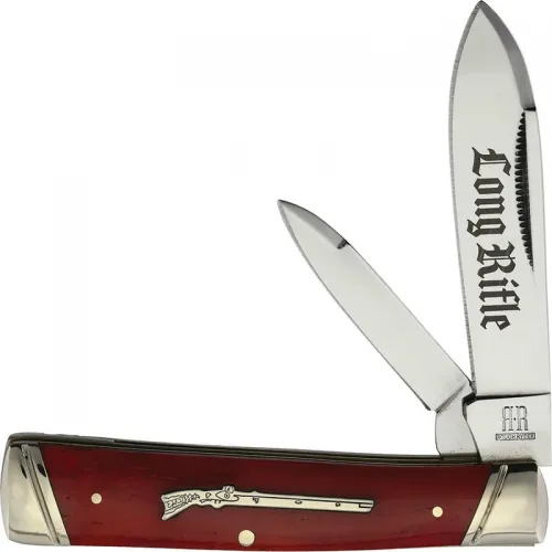Rough Ryder Long Rifle Gunstock Red - Dual Blade 3.38" Spear 2" Pen Red Bone Handle