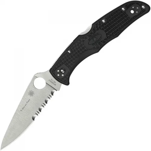 Spyderco Endura 4 Lightweight Thin Blue Line Folding Knife - 3.8" VG10 Stainless Steel Part Serrated Blade Black Handle