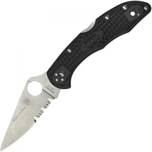 Spyderco Delica 4 Lightweight Thin Blue Line Folding Knife - 2.9" VG10 Stainless Steel Part Serrated Blade Black Handle