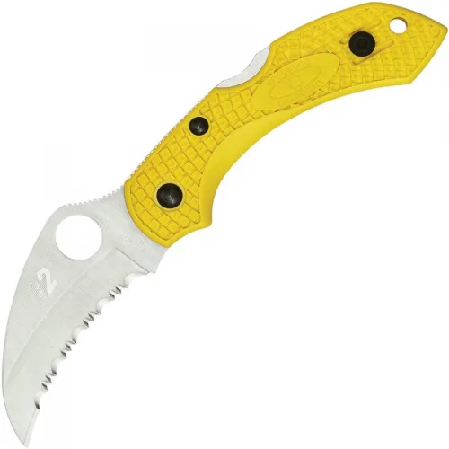 Spyderco Dragonfly 2 Hawkbill Salt Folding Knife - 2.3" H2 Satin Serrated SpyderEdge Blade Yellow FRN Handle
