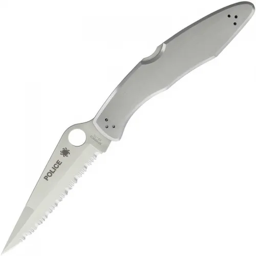 Spyderco Police Serrated Folding Knife - 4.125" VG10 Satin Blade Stainless Steel Handle