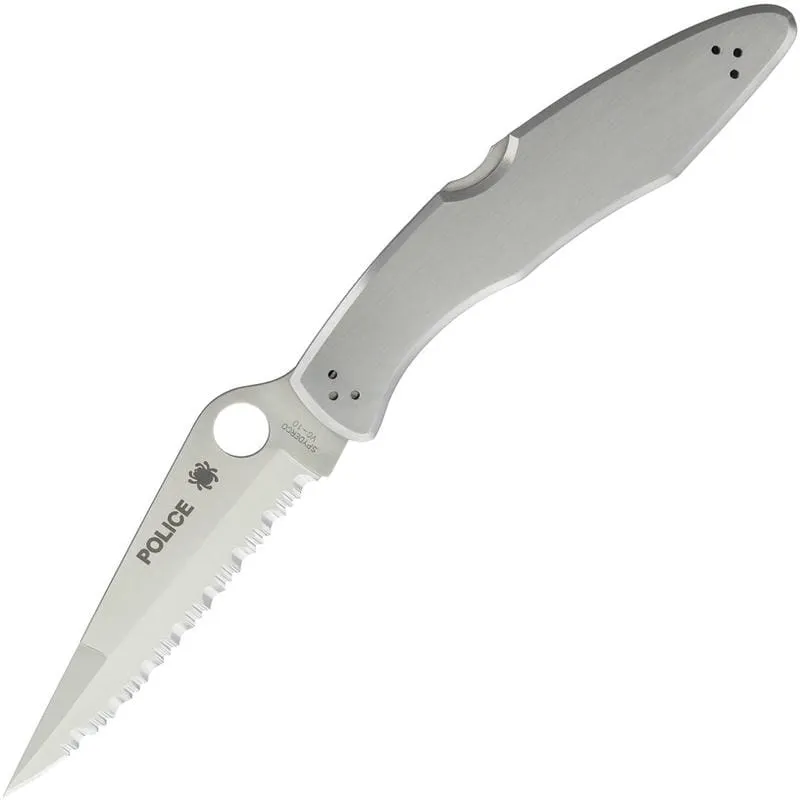 Spyderco Police Serrated Folding Knife - 4.125" VG10 Satin Blade Stainless Steel Handle Cyclaire Knives and Tools