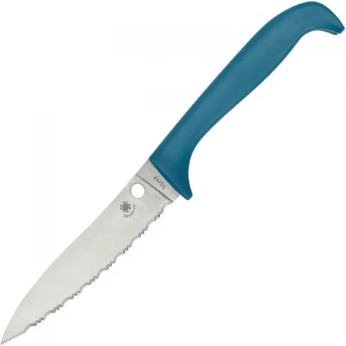 Spyderco Counter Puppy Kitchen Knife - 3.46" 7Cr17 Serrated Blade Blue Plastic Handle