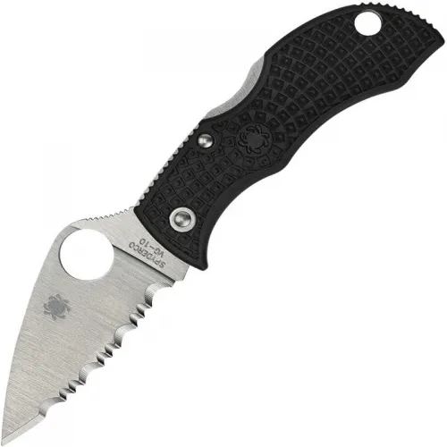 Spyderco Manbug Folding Knife - 1.9" VG10 Satin Leaf Shaped Serrated Blade, Black FRN Handle