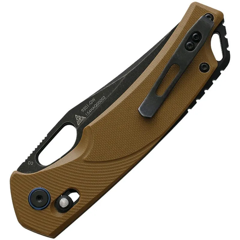 SRM Knives 9201-GW Folding Knife - 3.54" D2 Black Blade Brown G10 Handle Crossbar Lock Cyclaire Knives and Tools