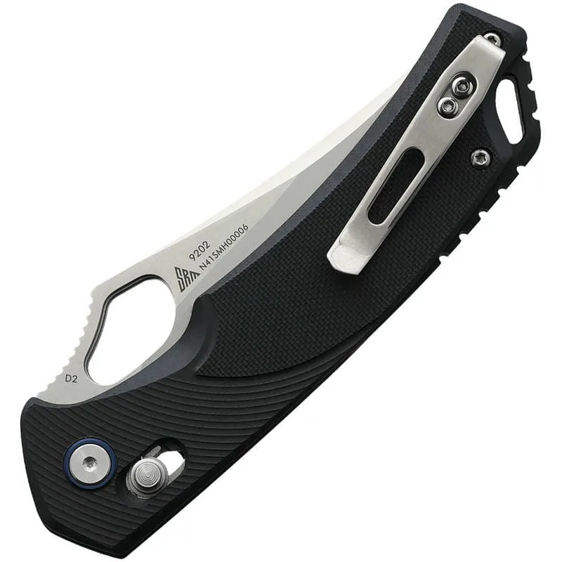 SRM Knives 9202 Folding Knife - 3.54" D2 Trailing Point Blade Black G10 Handle Crossbar Lock Cyclaire Knives and Tools