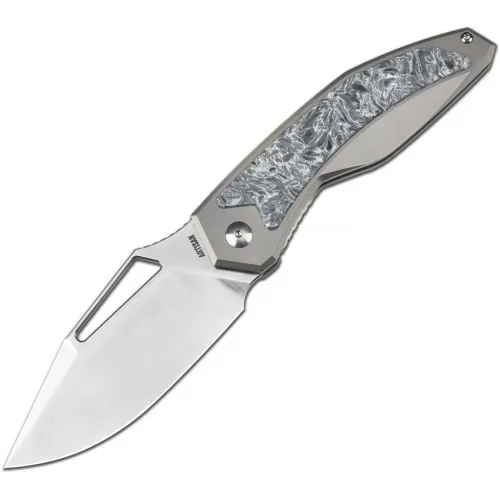 Artisan Cutlery Fragarach Folding Knife - 3.72" S90V Polished Blade Milled Titanium Handle with Polar Dark Matter FatCarbon Inlays