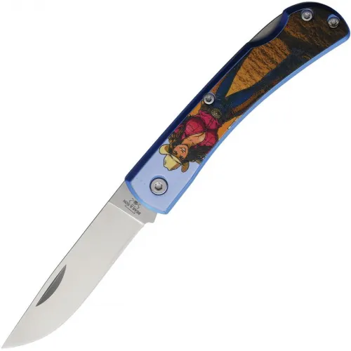 Bear & Son Farmhand Cowgirl - 2.63" Satin Stainless Steel Blade Blue Aluminium Handle with Cowgirl Artwork