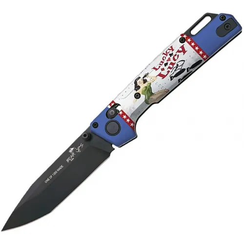 Bear & Son WWII Bomber Pin Up Series September Nekama I Folding Knife - 3.42" Black Blade Lucky Lucy Aluminum Handle