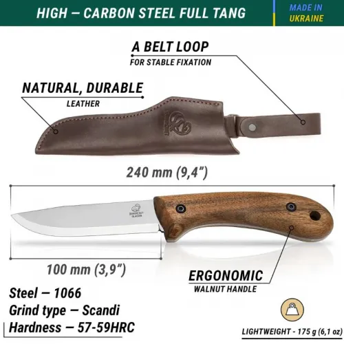 BeaverCraft BSH2 Glacier Bushcraft Knife  - 4.13" 1066 Carbon Steel Blade Walnut Handle