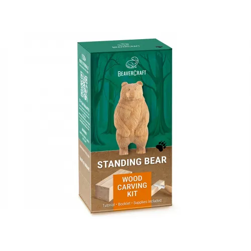 BeaverCraft DIY12 Standing Bear Wood Carving Kit – Complete Whittling Set with Pre-Cut Basswood Blank Detail Knife Wood Carving Tools