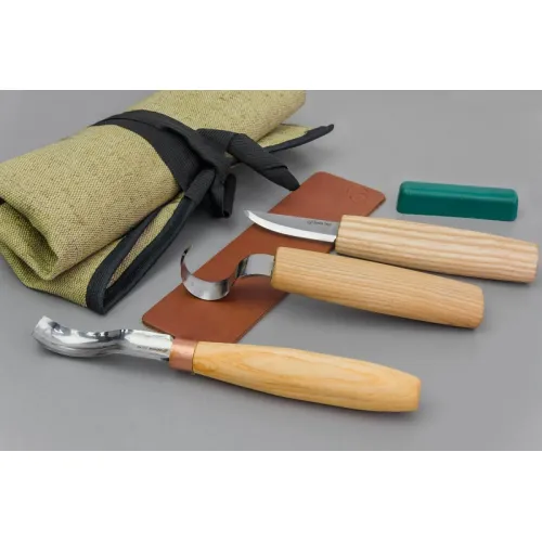 BeaverCraft S38L Left Handed Spoon Carving Wood Carving Kit with 3 Knives Tool Roll Strop and Compound