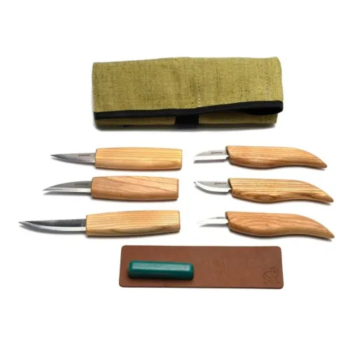 BeaverCraft S58 Wood Carving Kit with 6 Knives Tool Roll Strop and Compound